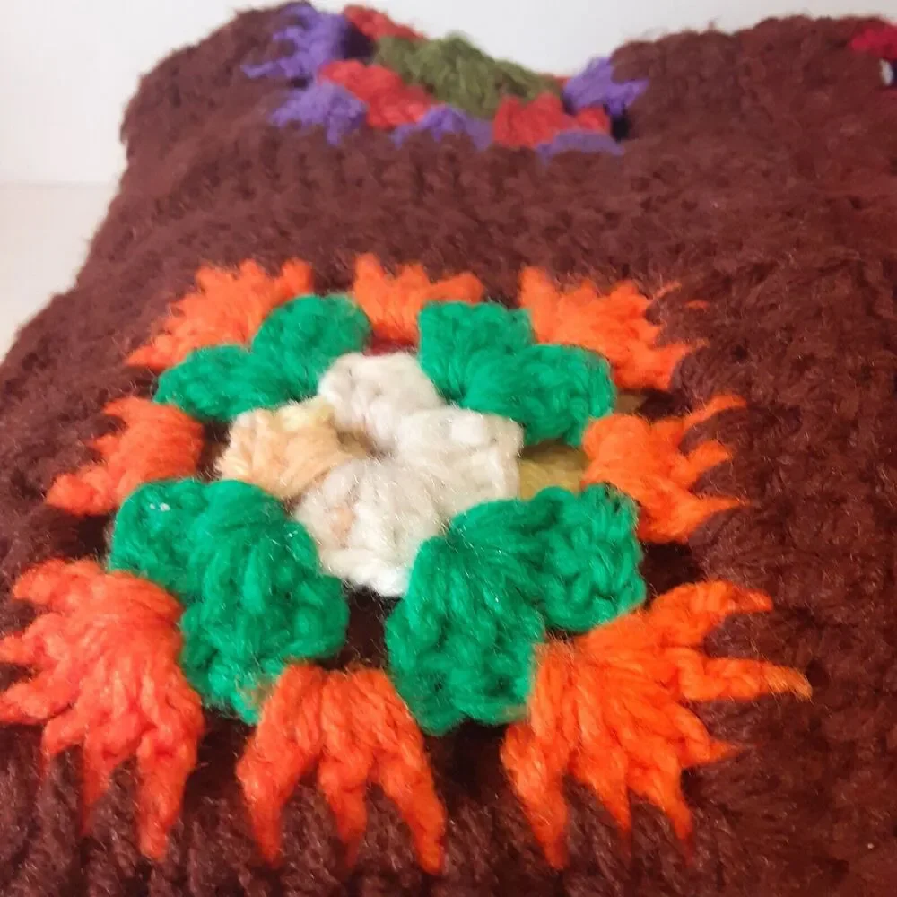 Vintage Handmade Flower Block Afghan on Chocolate READ